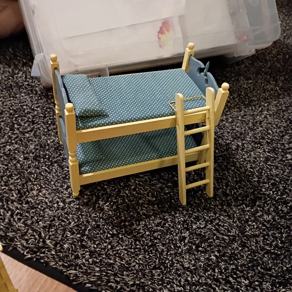 Vintage Doll House Bedroom Set with Blue and Cream Furniture - Picture 4 of 9